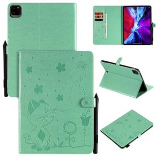 For iPad Pro 11 (2020) & (2018) Cat Bee Embossing Pattern Horizontal Flip Leather Tablet Case with Holder & Card Slots & Wallet & Pen Slot & Wake-up / Sleep Function(Green)