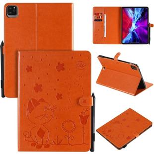 For iPad Pro 11 (2020) & (2018) Cat Bee Embossing Pattern Horizontal Flip Leather Tablet Case with Holder & Card Slots & Wallet & Pen Slot & Wake-up / Sleep Function(Orange)