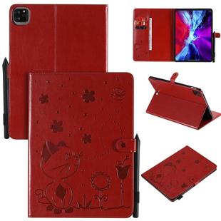 For iPad Pro 11 (2020) & (2018) Cat Bee Embossing Pattern Horizontal Flip Leather Tablet Case with Holder & Card Slots & Wallet & Pen Slot & Wake-up / Sleep Function(Red)