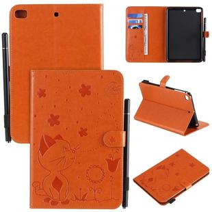For iPad mini 5 / 4 / 3 / 2 / 1 Cat Bee Embossing Pattern Horizontal Flip Leather Case with Holder & Card Slots & Wallet & Pen Slot & Wake-up / Sleep Function(Orange)