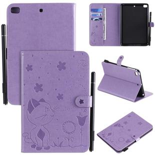 For iPad mini 5 / 4 / 3 / 2 / 1 Cat Bee Embossing Pattern Horizontal Flip Leather Case with Holder & Card Slots & Wallet & Pen Slot & Wake-up / Sleep Function(Purple)