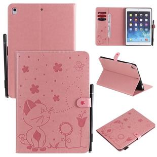 For iPad Air 2 / Air / 9.7 (2018) & (2017) Cat Bee Embossing Pattern Horizontal Flip Leather Case with Holder & Card Slots & Wallet & Pen Slot & Wake-up / Sleep Function(Pink)