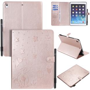 For iPad Air 2 / Air / 9.7 (2018) & (2017) Cat Bee Embossing Pattern Horizontal Flip Leather Case with Holder & Card Slots & Wallet & Pen Slot & Wake-up / Sleep Function(Rose Gold)