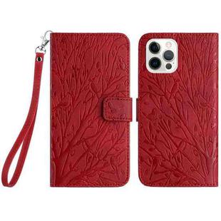 For iPhone 15 Pro Max Tree Birds Embossed Pattern Leather Phone Case(Red)