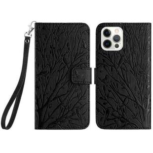 For iPhone 15 Pro Max Tree Birds Embossed Pattern Leather Phone Case(Black)