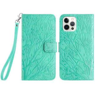 For iPhone 15 Pro Max Tree Birds Embossed Pattern Leather Phone Case(Green)