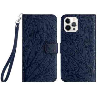 For iPhone 15 Pro Tree Birds Embossed Pattern Leather Phone Case(Blue)