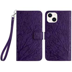 For iPhone 15 Plus Tree Birds Embossed Pattern Leather Phone Case(Purple)