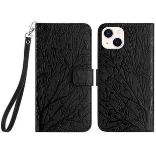 For iPhone 15 Plus Tree Birds Embossed Pattern Leather Phone Case(Black)