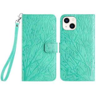 For iPhone 15 Plus Tree Birds Embossed Pattern Leather Phone Case(Green)