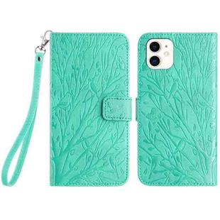 For iPhone 12 Tree Birds Embossed Pattern Leather Phone Case(Green)