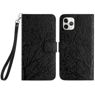 For iPhone 11 Pro Max Tree Birds Embossed Pattern Leather Phone Case(Black)