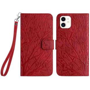 For iPhone 11 Tree Birds Embossed Pattern Leather Phone Case(Red)