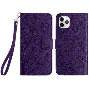 For iPhone 11 Pro Tree Birds Embossed Pattern Leather Phone Case(Purple)