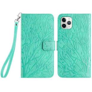 For iPhone 11 Pro Tree Birds Embossed Pattern Leather Phone Case(Green)