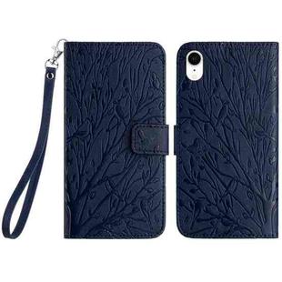 For iPhone XR Tree Birds Embossed Pattern Leather Phone Case(Blue)