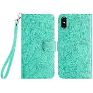 For iPhone XS Max Tree Birds Embossed Pattern Leather Phone Case(Green)