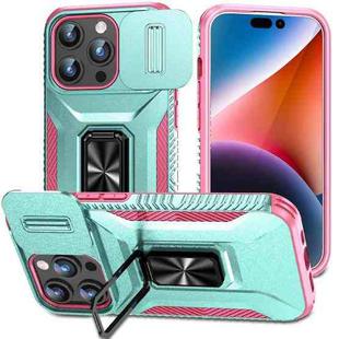 For iPhone 15 Pro Max Sliding Camshield Holder Phone Case(Grey Green + Pink)