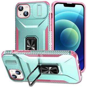 For iPhone 15 Plus Sliding Camshield Holder Phone Case(Grey Green + Pink)
