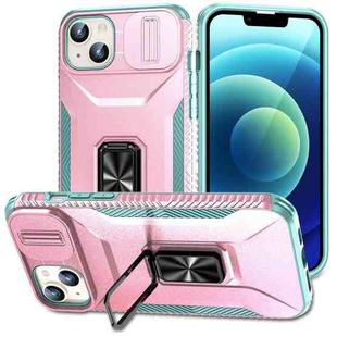 For iPhone 15 Sliding Camshield Holder Phone Case(Pink + Grey Green)