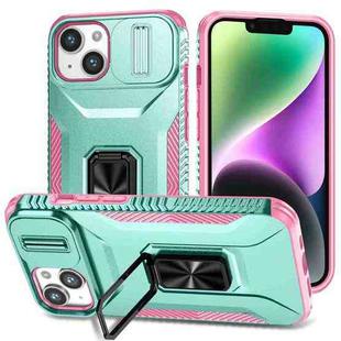 For iPhone 13 Sliding Camshield Holder Phone Case(Grey Green + Pink)