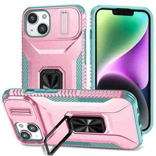 For iPhone 14 Sliding Camshield Holder Phone Case(Pink + Grey Green)