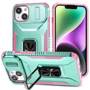 For iPhone 14 Plus Sliding Camshield Holder Phone Case(Grey Green + Pink)