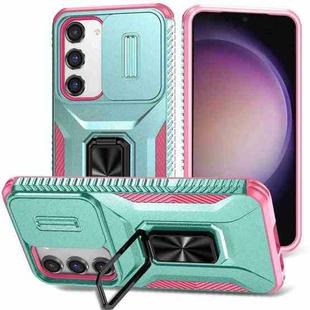 For Samsung Galaxy S23 5G Sliding Camshield Holder Phone Case(Grey Green + Pink)