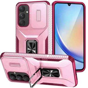 For Samsung Galaxy A35 5G Sliding Camshield Holder Phone Case(Pink + Grey Green)