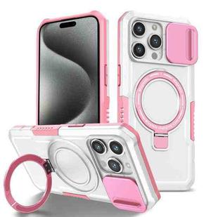 For iPhone 15 Pro Max Sliding Camshield Magsafe Holder TPU Hybrid PC Phone Case(Pink White)