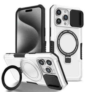 For iPhone 15 Pro Max Sliding Camshield Magsafe Holder TPU Hybrid PC Phone Case(Black White)