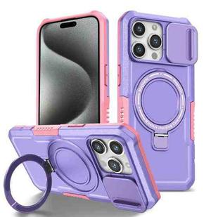 For iPhone 15 Pro Sliding Camshield Magsafe Holder TPU Hybrid PC Phone Case(Pink Purple)