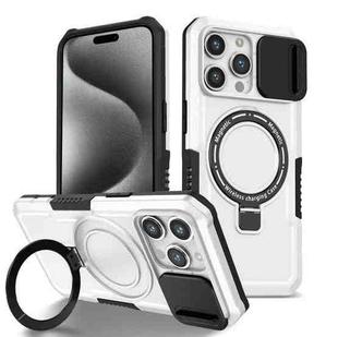 For iPhone 15 Pro Sliding Camshield Magsafe Holder TPU Hybrid PC Phone Case(Black White)