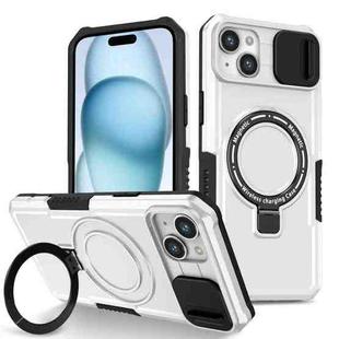 For iPhone 15 Plus Sliding Camshield Magsafe Holder TPU Hybrid PC Phone Case(Black White)