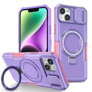 For iPhone 14 Plus Sliding Camshield Magsafe Holder TPU Hybrid PC Phone Case(Pink Purple)