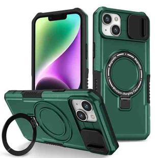 For iPhone 14 Plus Sliding Camshield Magsafe Holder TPU Hybrid PC Phone Case(Deep Green)