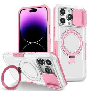 For iPhone 14 Pro Sliding Camshield Magsafe Holder TPU Hybrid PC Phone Case(Pink White)