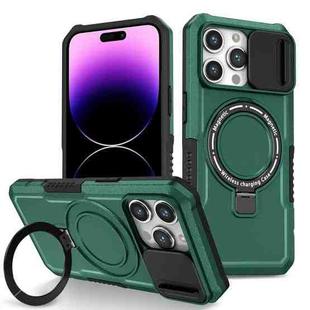 For iPhone 14 Pro Sliding Camshield Magsafe Holder TPU Hybrid PC Phone Case(Deep Green)