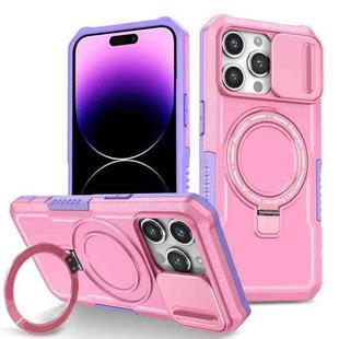For iPhone 14 Pro Max Sliding Camshield Magsafe Holder TPU Hybrid PC Phone Case(Purple Pink)