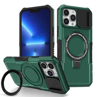 For iPhone 13 Pro Max Sliding Camshield Magsafe Holder TPU Hybrid PC Phone Case(Deep Green)