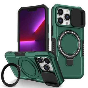 For iPhone 13 Pro Sliding Camshield Magsafe Holder TPU Hybrid PC Phone Case(Deep Green)