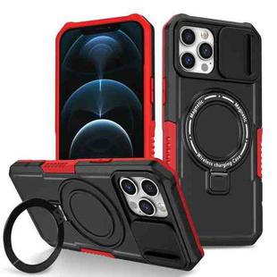 For iPhone 12 Pro Max Sliding Camshield Magsafe Holder TPU Hybrid PC Phone Case(Black Red)