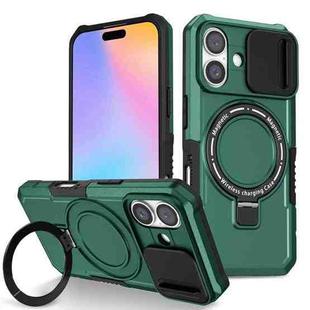 For iPhone 16 Plus Sliding Camshield MagSafe Holder TPU Hybrid PC Phone Case(Deep Green)