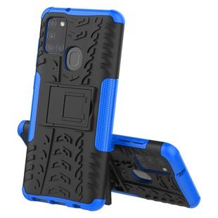 For Samsung Galaxy A21s Tire Texture Shockproof TPU+PC Protective Case with Holder(Blue)