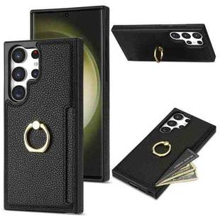 For Samsung Galaxy S22 Ultra 5G Ring Card  Litchi Leather Back Phone Case(Black)
