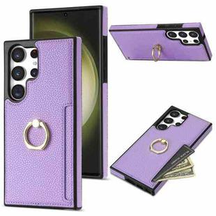 For Samsung Galaxy S22 Ultra 5G Ring Card  Litchi Leather Back Phone Case(Purple)