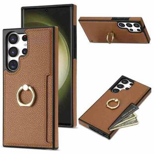 For Samsung Galaxy S22 Ultra 5G Ring Card  Litchi Leather Back Phone Case(Brown)