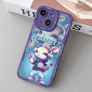 For iPhone 15 Plus Liquid Angel Eyes Hip Hop Rabbit TPU Phone Case(Purple Earphones)