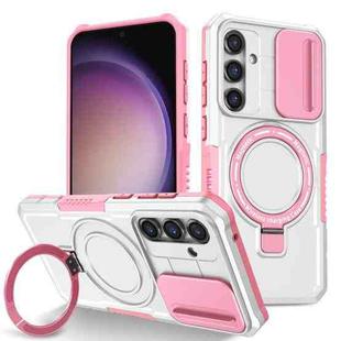 For Samsung Galaxy S23 FE 5G Sliding Camshield Magsafe Holder TPU Hybrid PC Phone Case(Pink White)