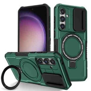 For Samsung Galaxy S23 FE 5G Sliding Camshield Magsafe Holder TPU Hybrid PC Phone Case(Deep Green)